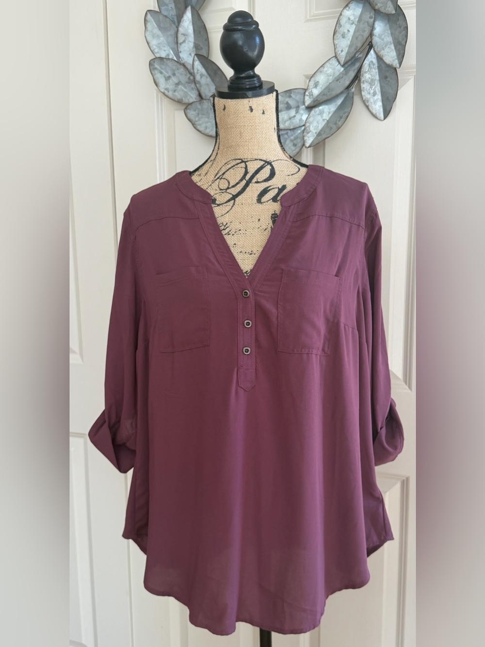 222: Torrid Plum V-Henley Tunic with Button Placket - 1X